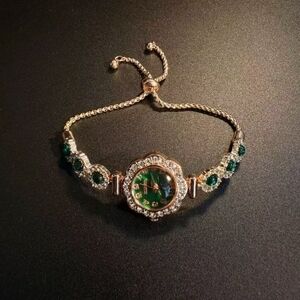 Gold-Tone Bracelet Watch with Green Crystal Accents - Women Jewelry